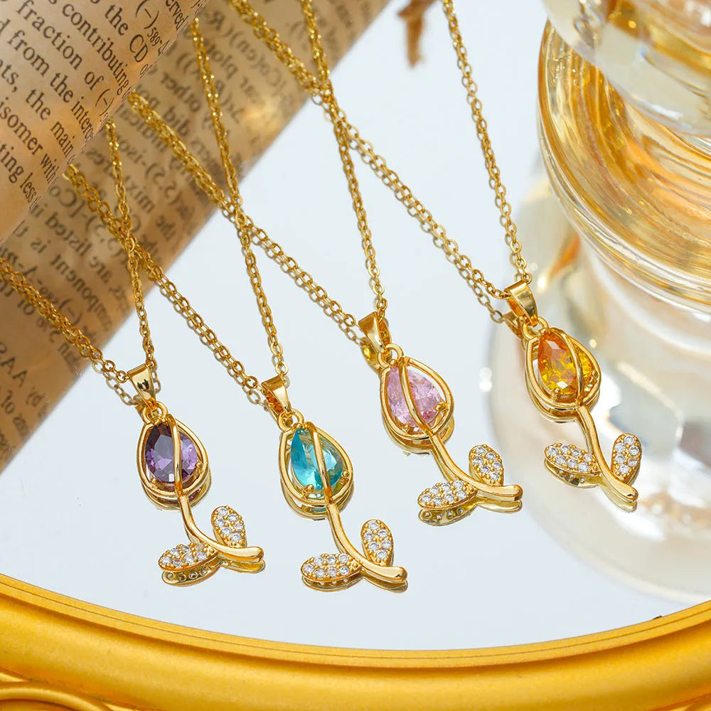 Zircon tulip necklace for women with gold floral pendant on adjustable titanium steel chain.