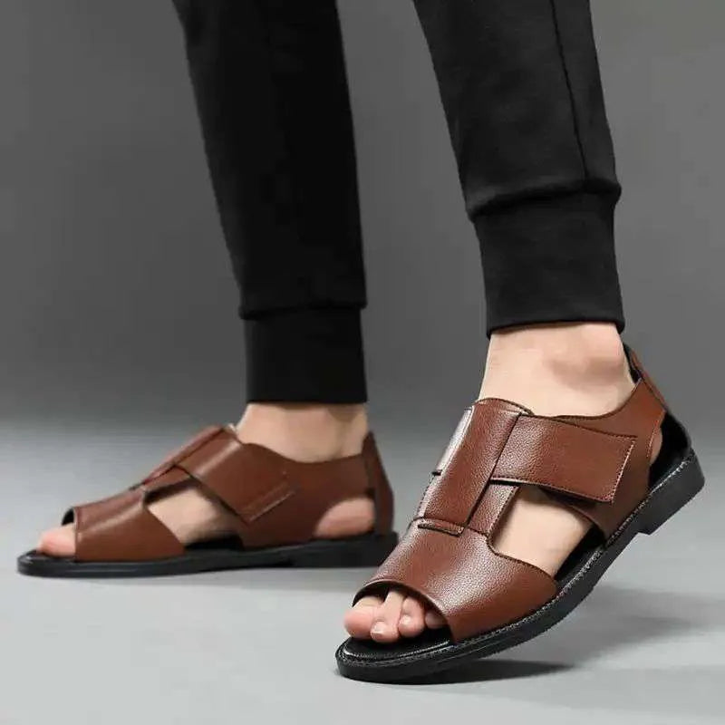 Men's black and brown casual leather sandals with open-toe design and rubber sole