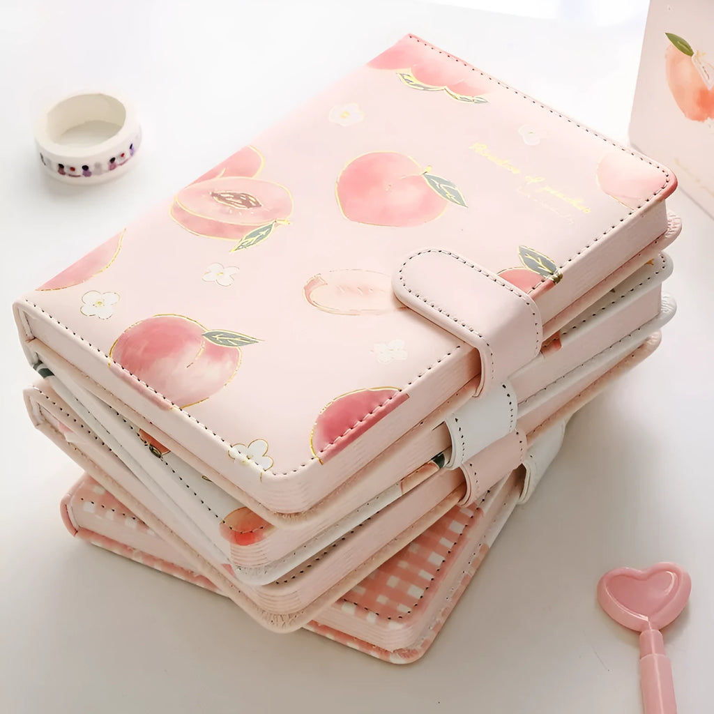 A5 hardcover student notebook with imitation leather cover in Peach Talk Feast design, wired binding, open flat