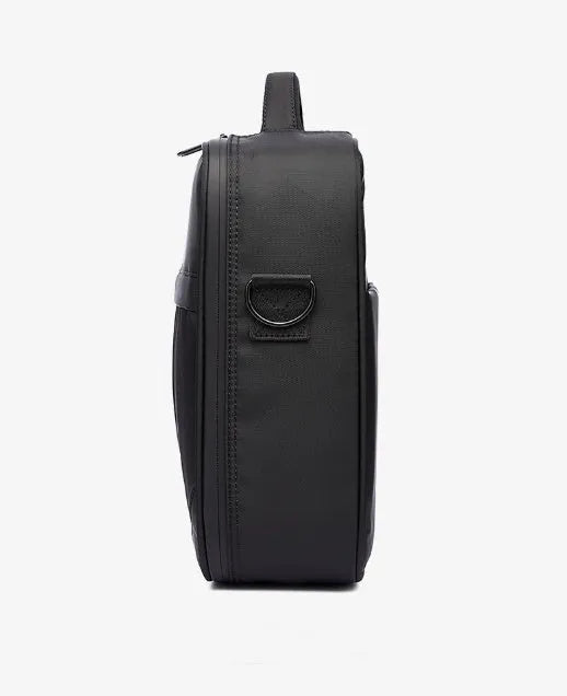 Black Oxford fabric men's messenger shoulder bag showing front compartment and shoulder strap.