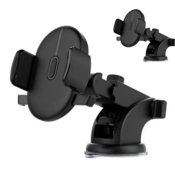 Black telescopic car dashboard phone holder with extended arm and gel suction cup mounted on a textured surface.