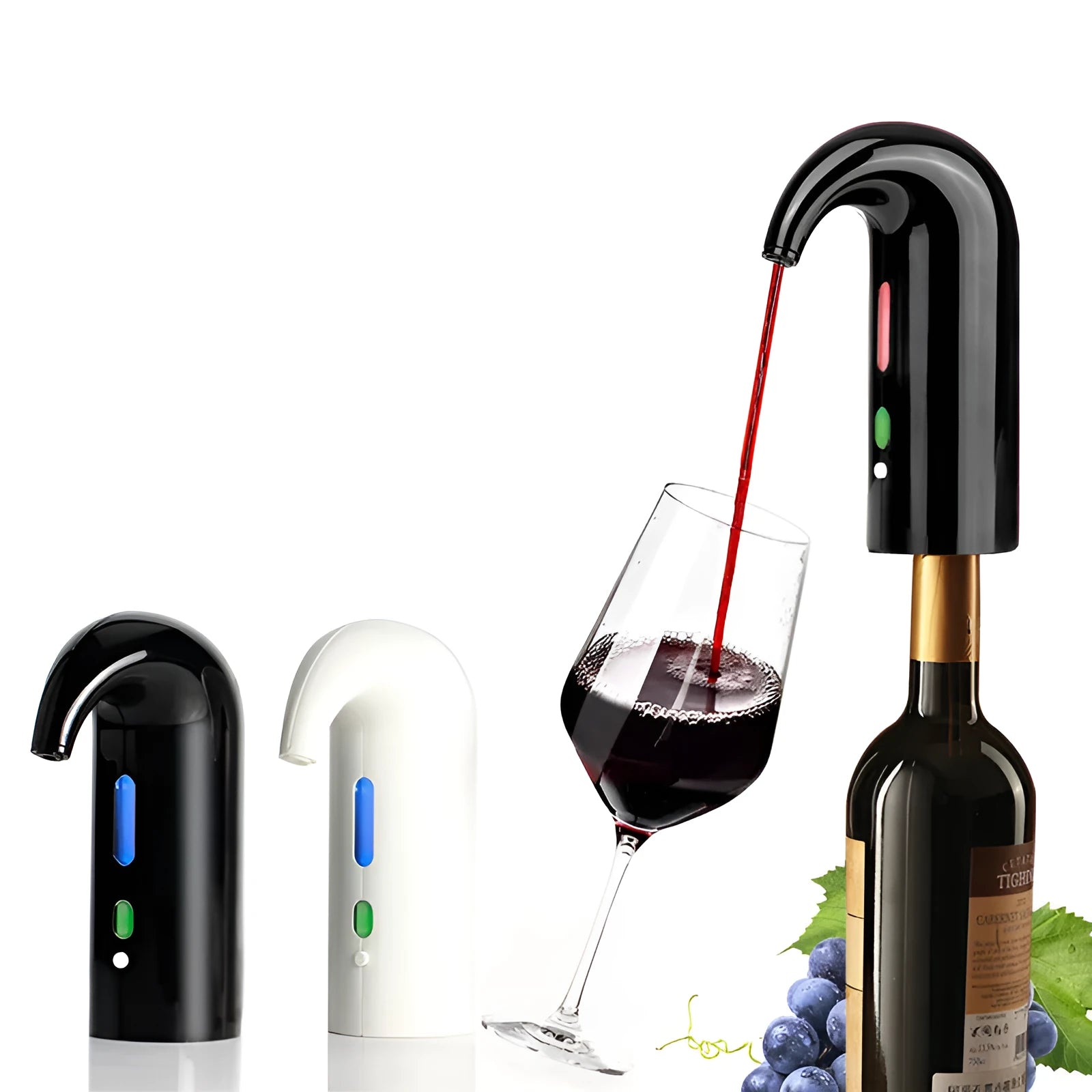 Portable electric wine pourer with black body, food-grade silicone catheter, and red light near a glass of red wine