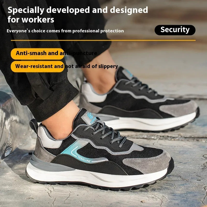 Men's low-top safety work shoes with nubuck leather and flyknit mesh upper, plastic steel toe, and PU sole