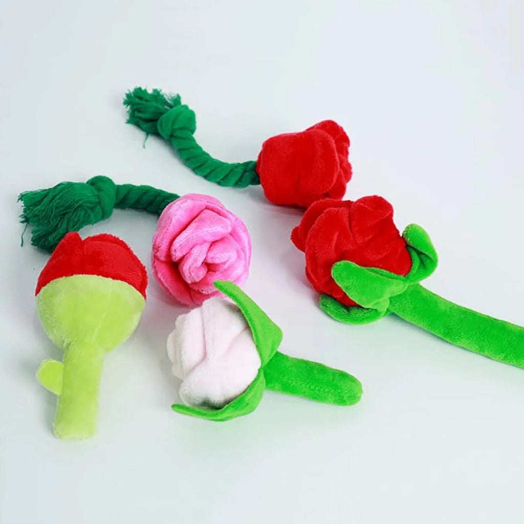 Chew-resistant plush rose flower dog toy with squeaker for small dogs and puppies, soft plush material