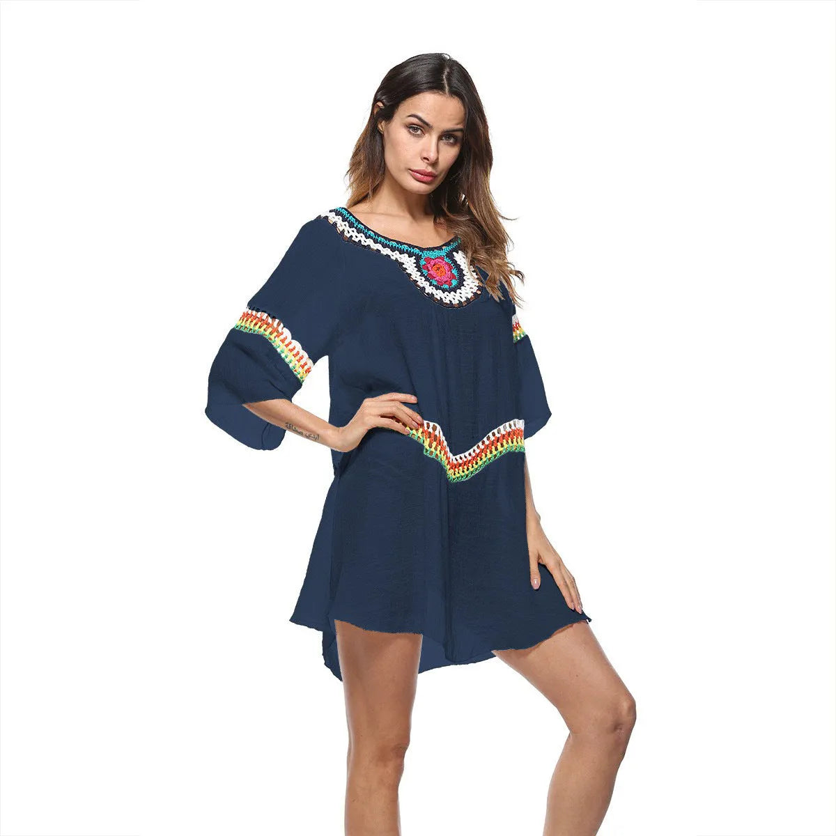 Crocheted ethnic style beach cover-up for women in acrylic polyester fabric