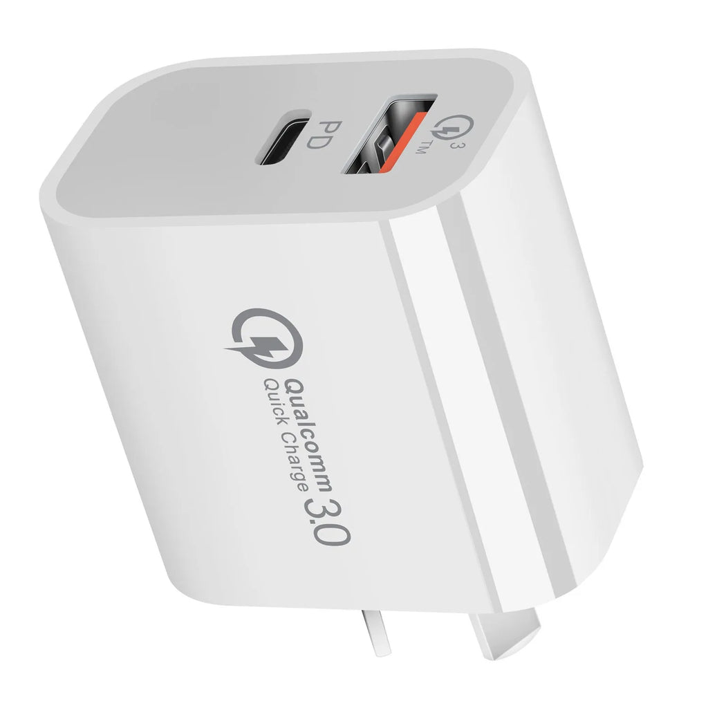 White dual port Australian standard charger with USB-A and USB-C interfaces, compact 63x40x22mm size