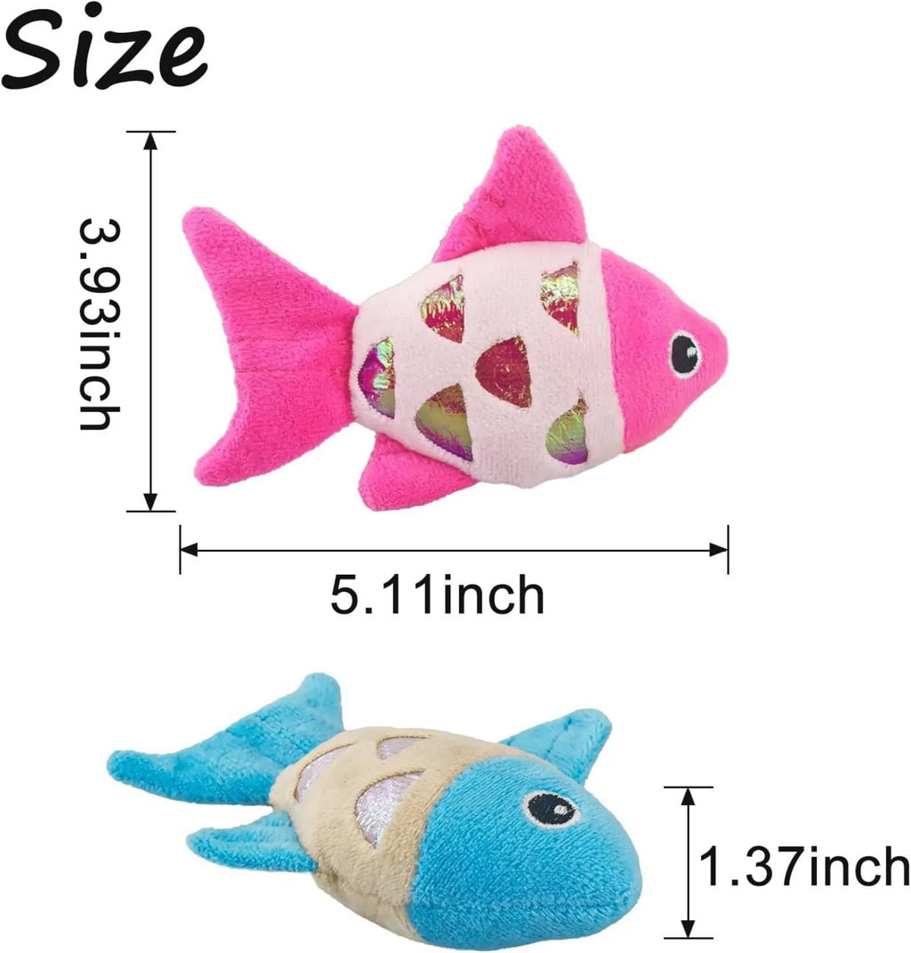 Two soft plush catnip fish toys for cats with crinkle sound, available in blue, orange, and pink.