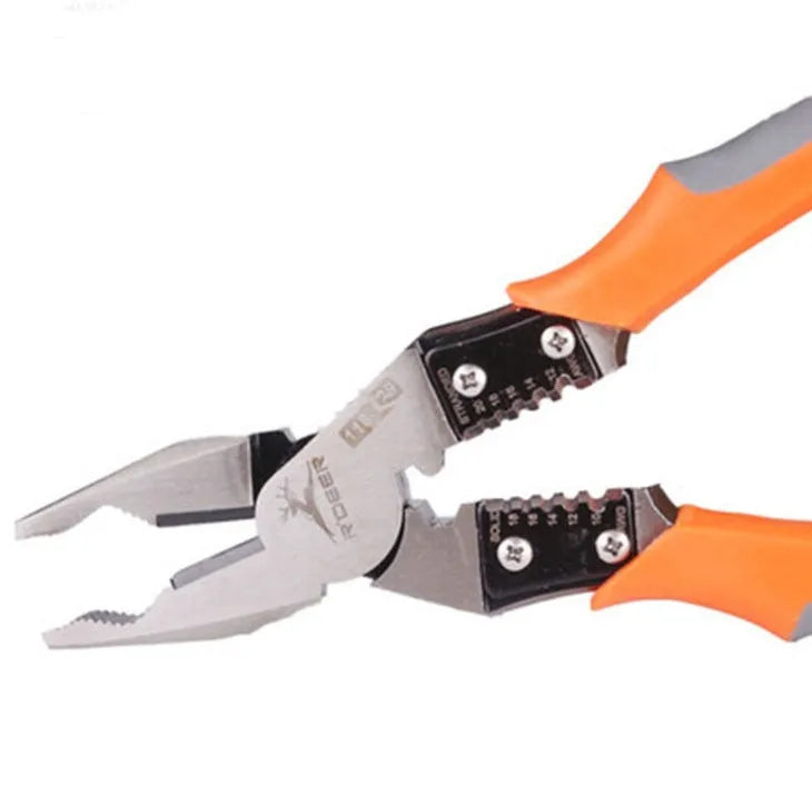Orange multi-function wire cutter pliers with chrome steel head and textured black PVC handles on a workbench.