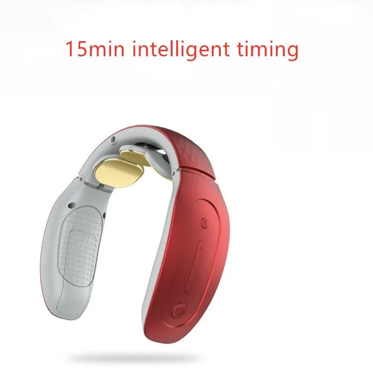 Small portable red and white intelligent cervical massager device on table.