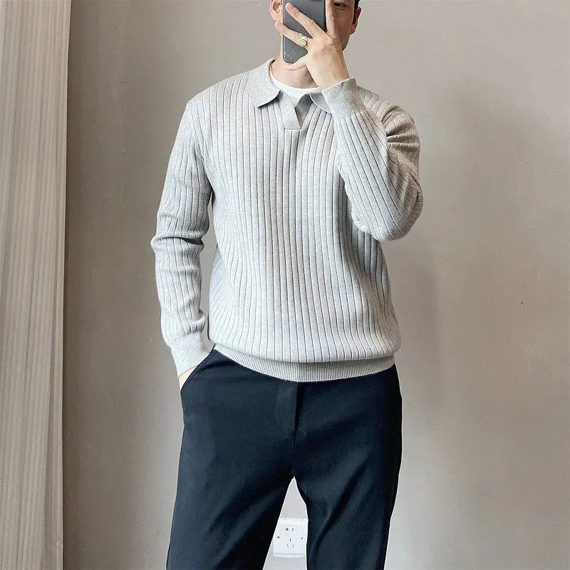 Man's loose-fit long-sleeved knitted pullover sweater in a modal and rabbit fur blend.