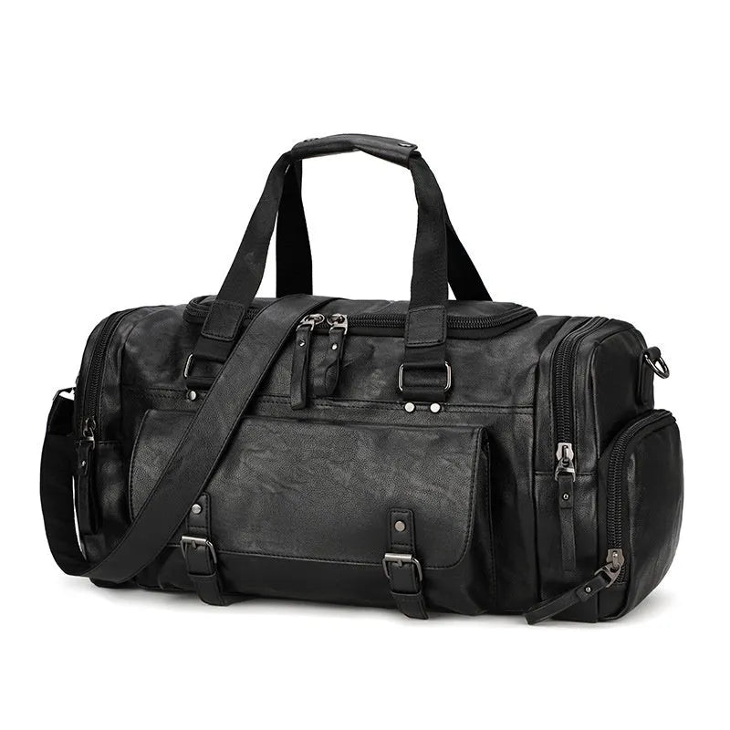 Black PU travel bag with separate shoe compartment showing dimensions of 52cm length