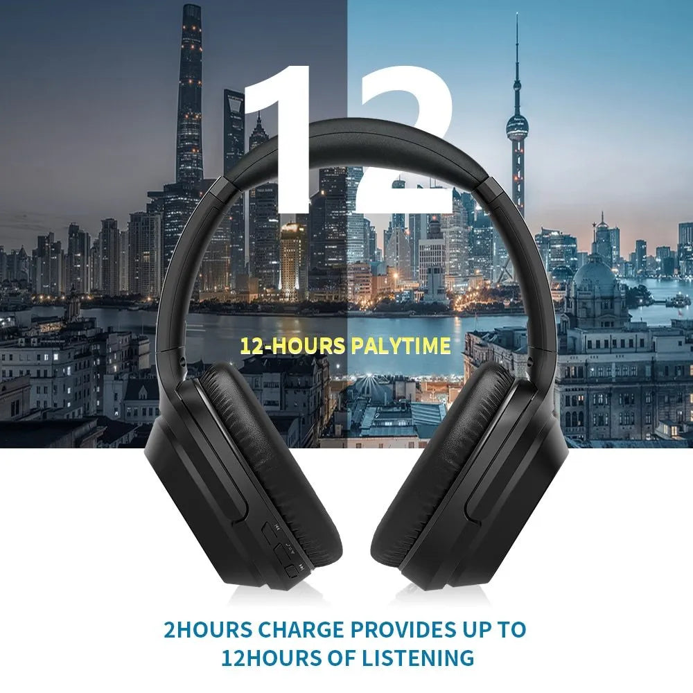 Black Gorsun E98 wireless Bluetooth headphones with over-ear design and memory-protein ear cushions