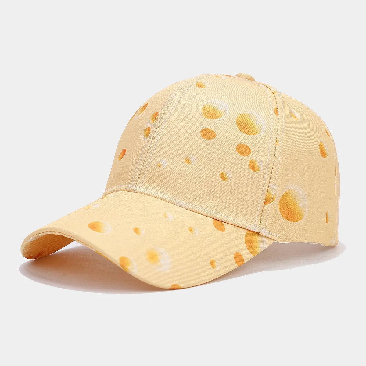 Full printed cheese pattern peaked cap with adjustable strap and dome crown