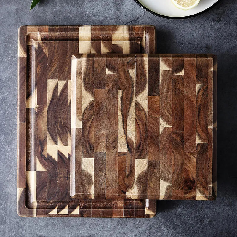 Brown parquet solid wood cutting board made from imported acacia, 3cm thick, on kitchen counter