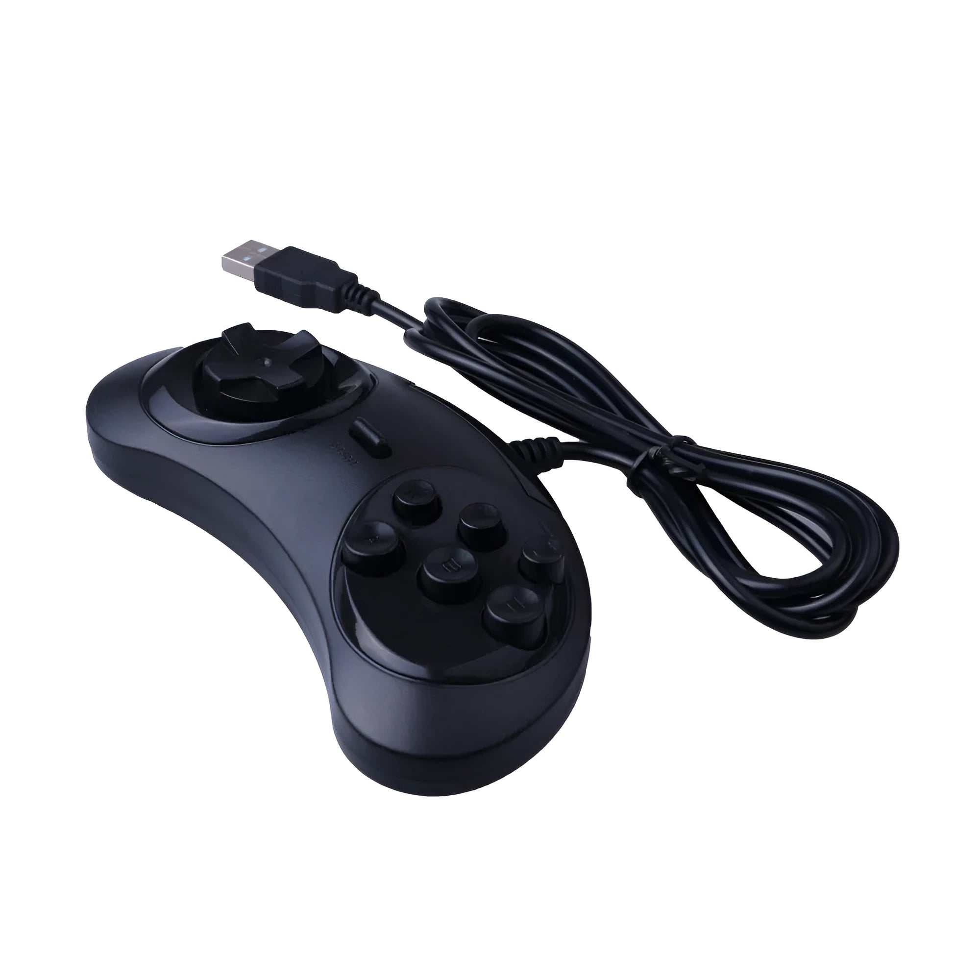 Black Sega USB computer game controller with 1.8 metre cable showing dimensions 15.5cm x 8.5cm