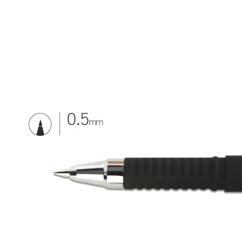 Carbon black gel pen with black ink, plastic body, and cap closure on white background