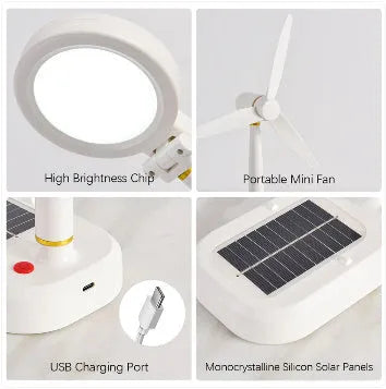 Ivory white solar-powered table fan and LED desk lamp with USB-C charging port