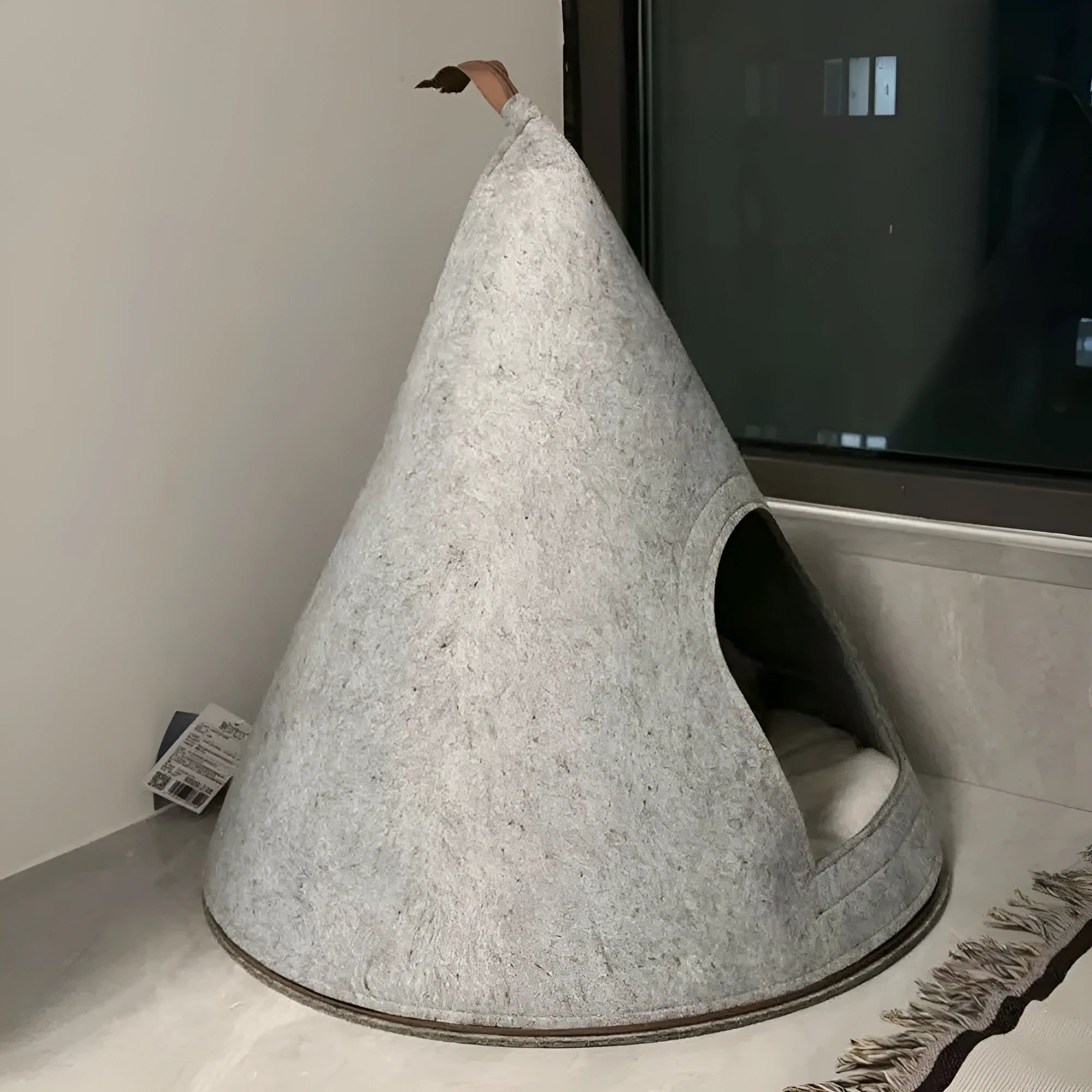 Christmas handmade felt tent style enclosed cat nest in grey, 50cm diameter, for cats under 12 pounds