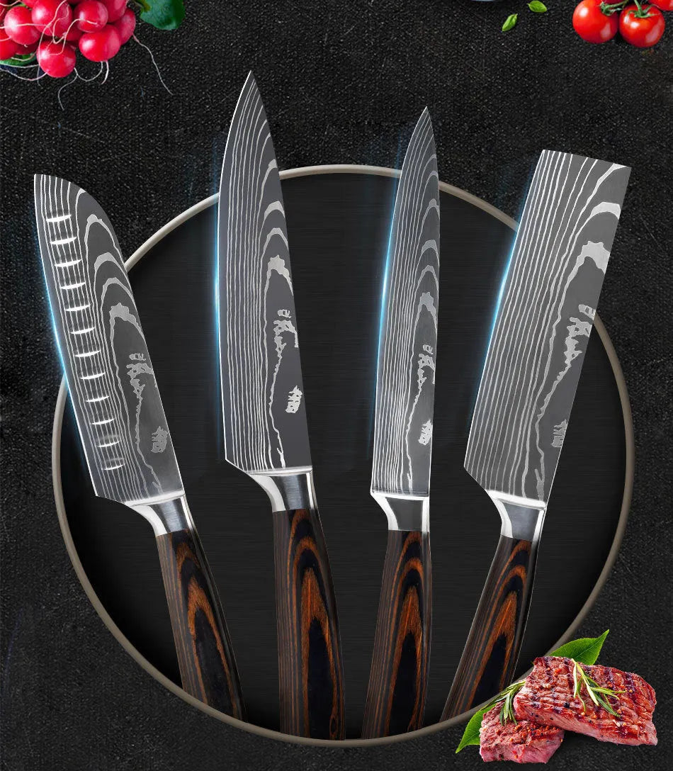 7CR17 stainless steel chef knife with laser Damascus pattern, 18cm blade and colour steel handle