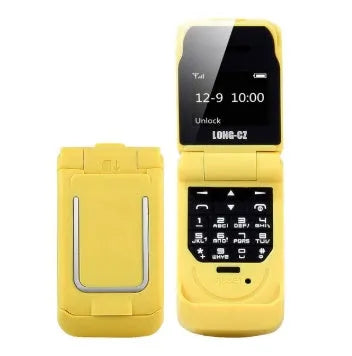 Mini flip mobile phone showing golden, rose red, black, blue, white, and yellow colour options with flip cover open