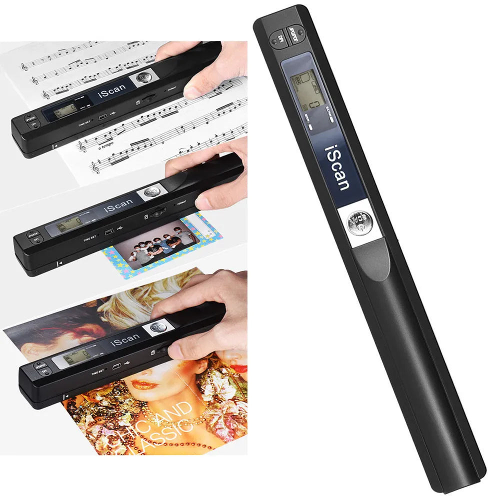 A handheld plastic scanner in silver, with a USB cable connected, on a desk next to documents.