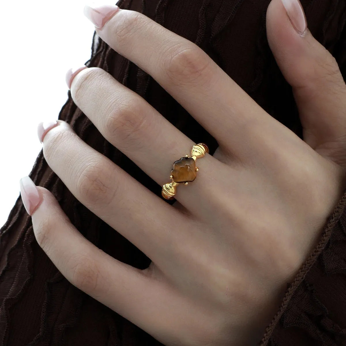 Women's adjustable silver ring with shell tiger eye stone design in white gold or 18K gold finish