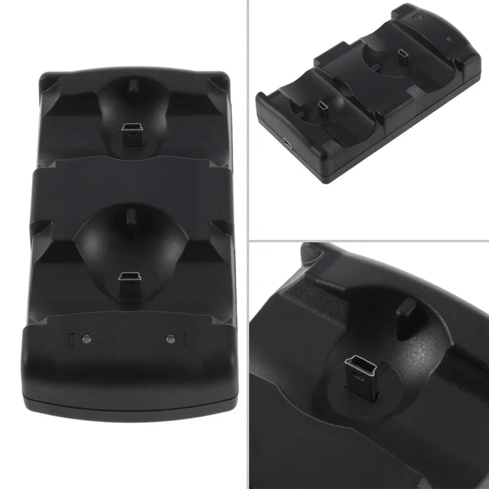 Black PS3 dual controller charging dock with USB cable for charging two wireless controllers simultaneously