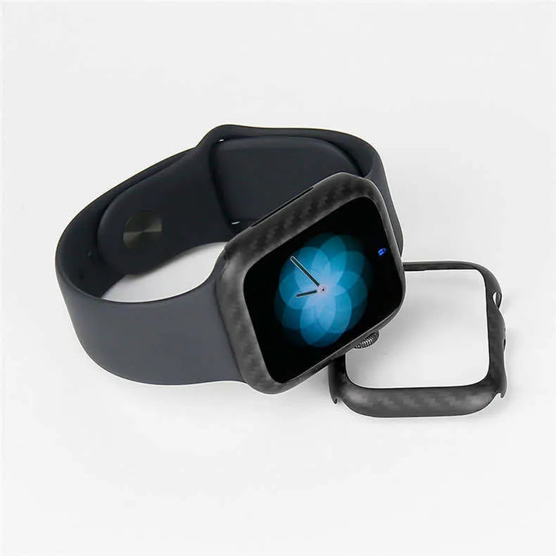 44mm Apple Watch 4 carbon fibre half wrap leather case in bright black and matt black colours