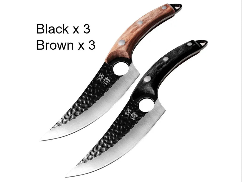 Forged 5CrMoV15 high carbon steel small scimitar boning knife with hammer pattern and black leather sheath