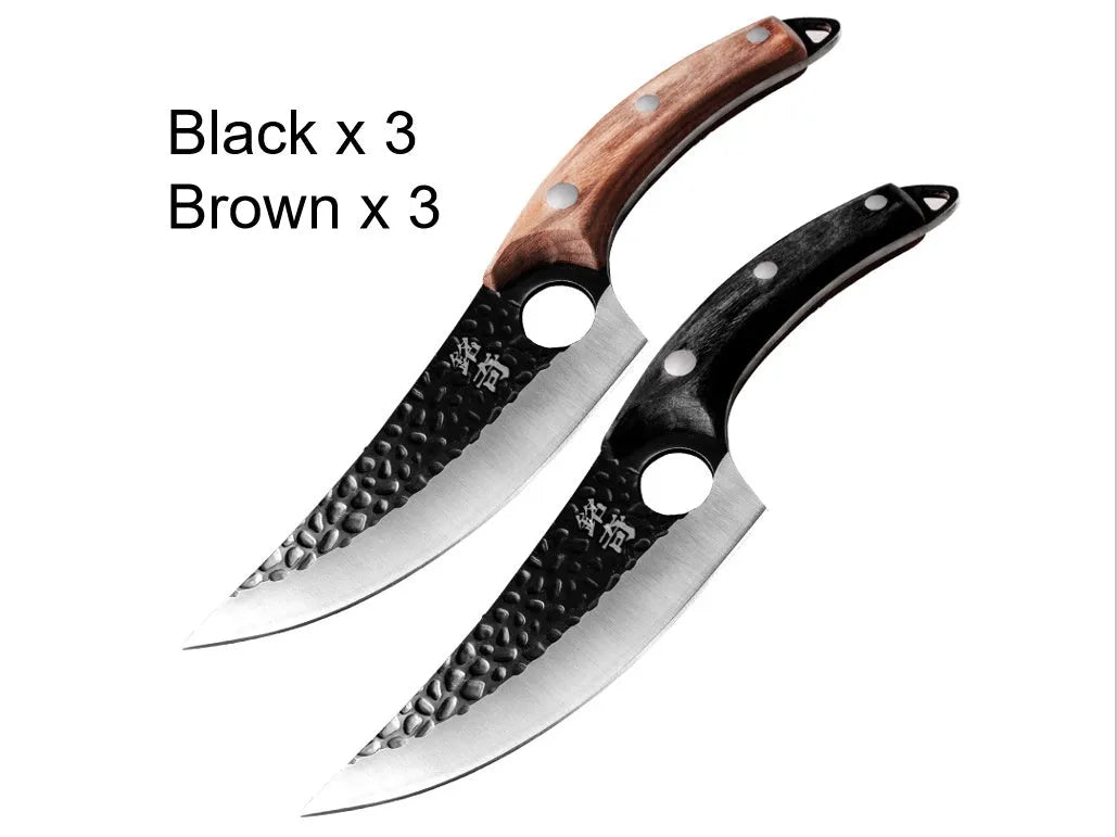 Forged 5CrMoV15 high carbon steel small scimitar boning knife with hammer pattern and black leather sheath
