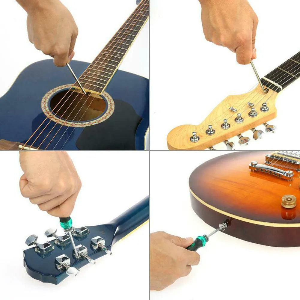 Black guitar repair tool kit for guitars, basses, mandolins and banjos in compact case