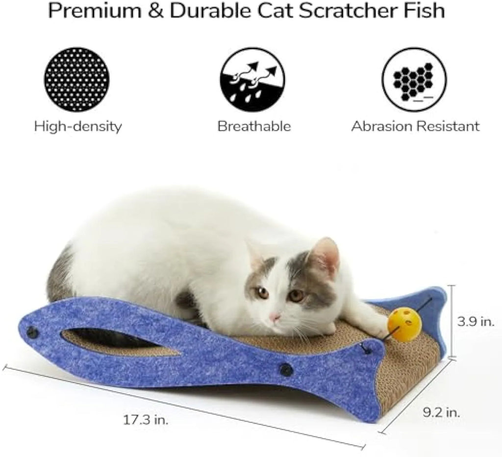 Blue fish-shaped cardboard cat scratcher lounge with integrated bell ball toy.
