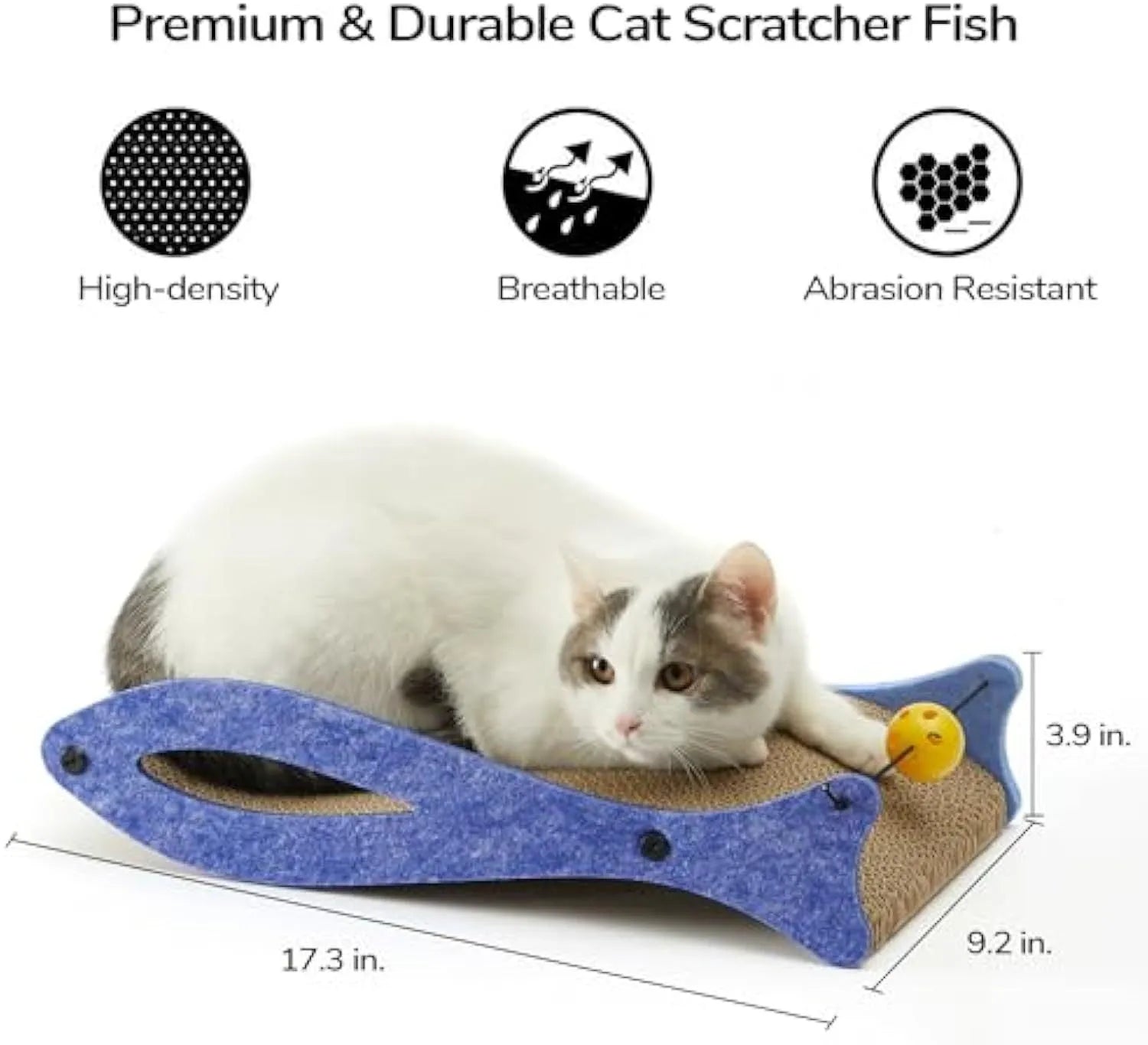Blue fish-shaped cardboard cat scratcher lounge with integrated bell ball toy.