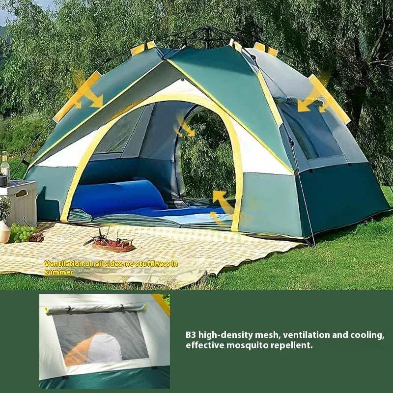 Dark green silver glue automatic quick-open camping tent for 3-4 people, fully pitched showing door and window.