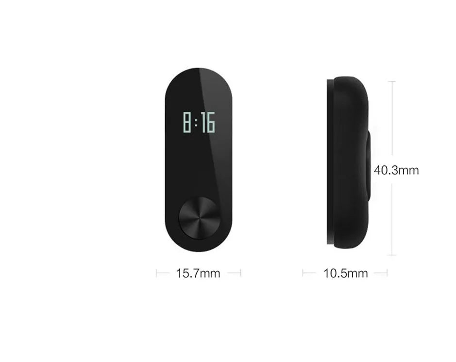 Xiaomi Mi Band 2 black smart fitness tracker with OLED touchscreen display on a wrist.