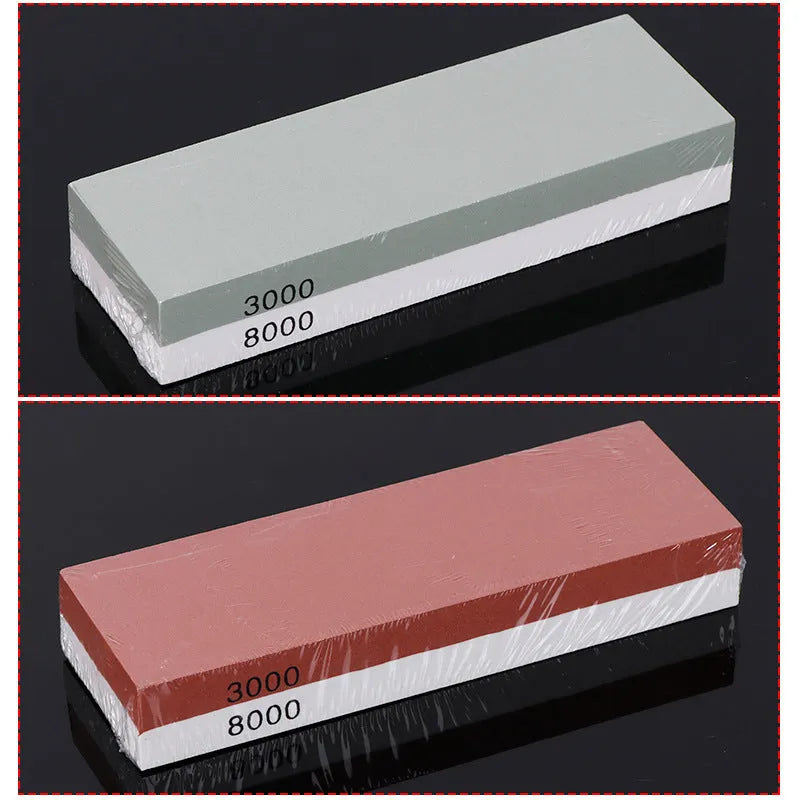 Double-sided white corundum kitchen whetstone 3000/8000 grit with bamboo base and knife holder locator on white background