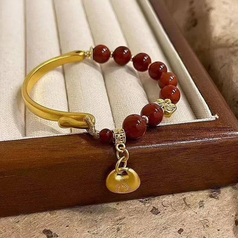 Southern Red Agate Character Ingot Bracelet women's antique style golden South red lucky bag half bracelet handmade glass coloured glaze