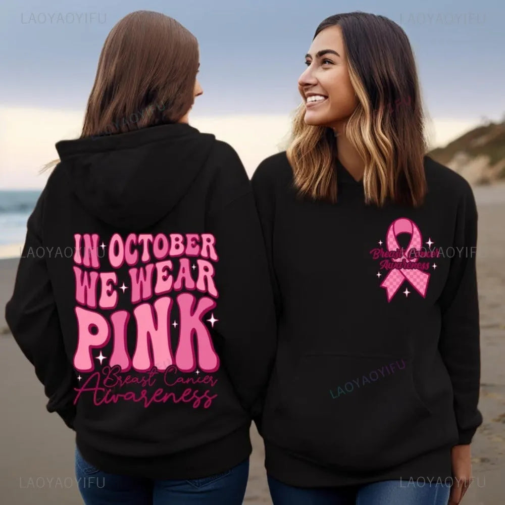 Breast cancer awareness sweatshirt with retro print and side seam pockets in polyester fibre