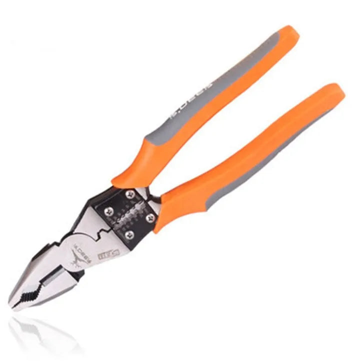 Orange multi-function wire cutter pliers with chrome steel head and textured black PVC handles on a workbench.