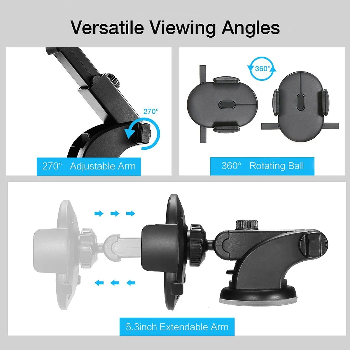 Black telescopic car dashboard phone holder with extended arm and gel suction cup mounted on a textured surface.