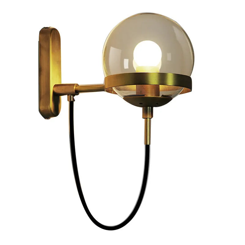 Modern retro wall lamp with glass shade, push button switch, black finish, LED light source for indoor use
