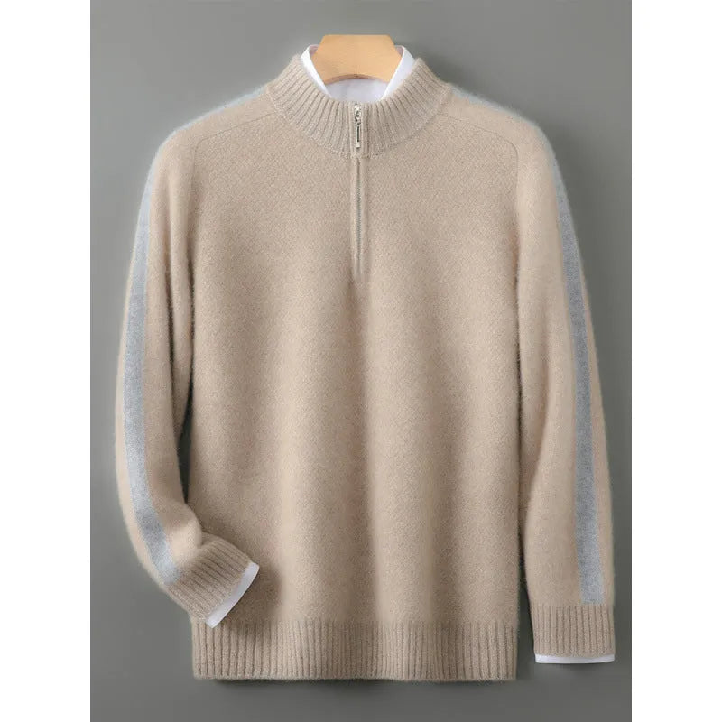 Half-zip wool sweater in Chinese red colour with round neck and regular sleeves