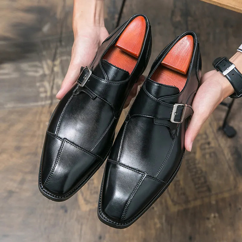 Men's British style retro buckle casual shoes in brown blue and black colours with tall crown design
