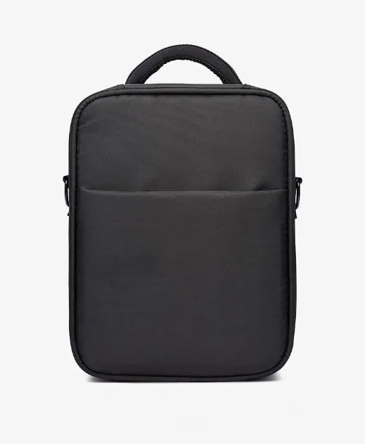 Black Oxford fabric men's messenger shoulder bag showing front compartment and shoulder strap.