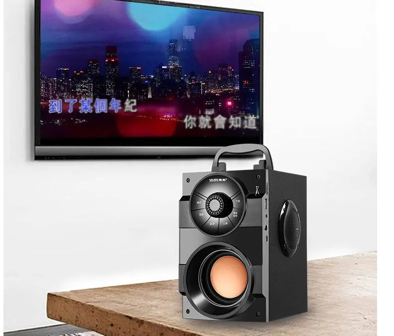 Black portable mini home audio system with subwoofer, 1.2m cable, and 3.5mm audio interface