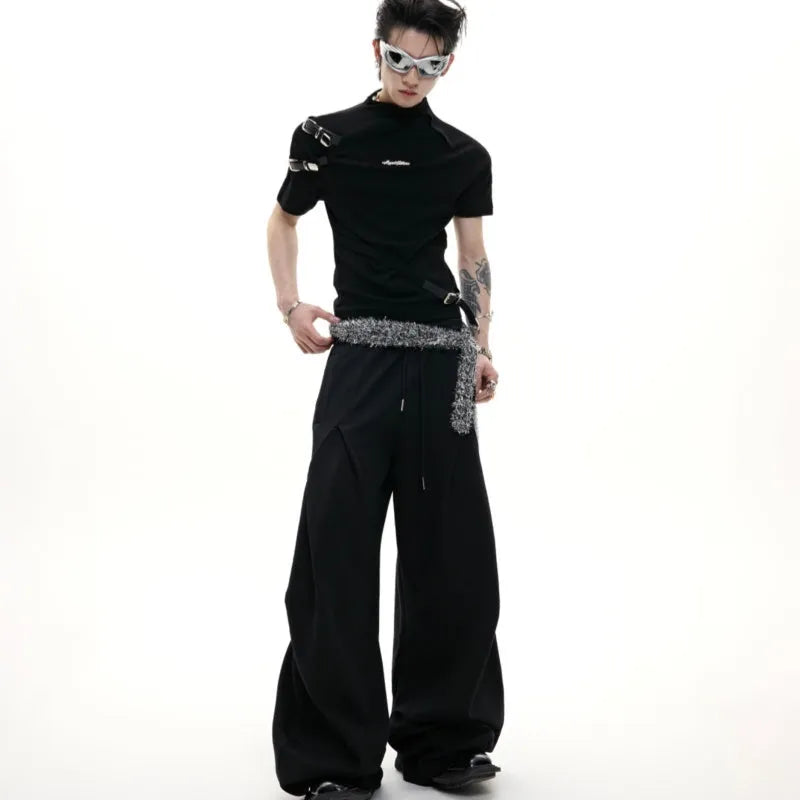 Men's black cotton t-shirt with stand-up collar featuring metal accessories