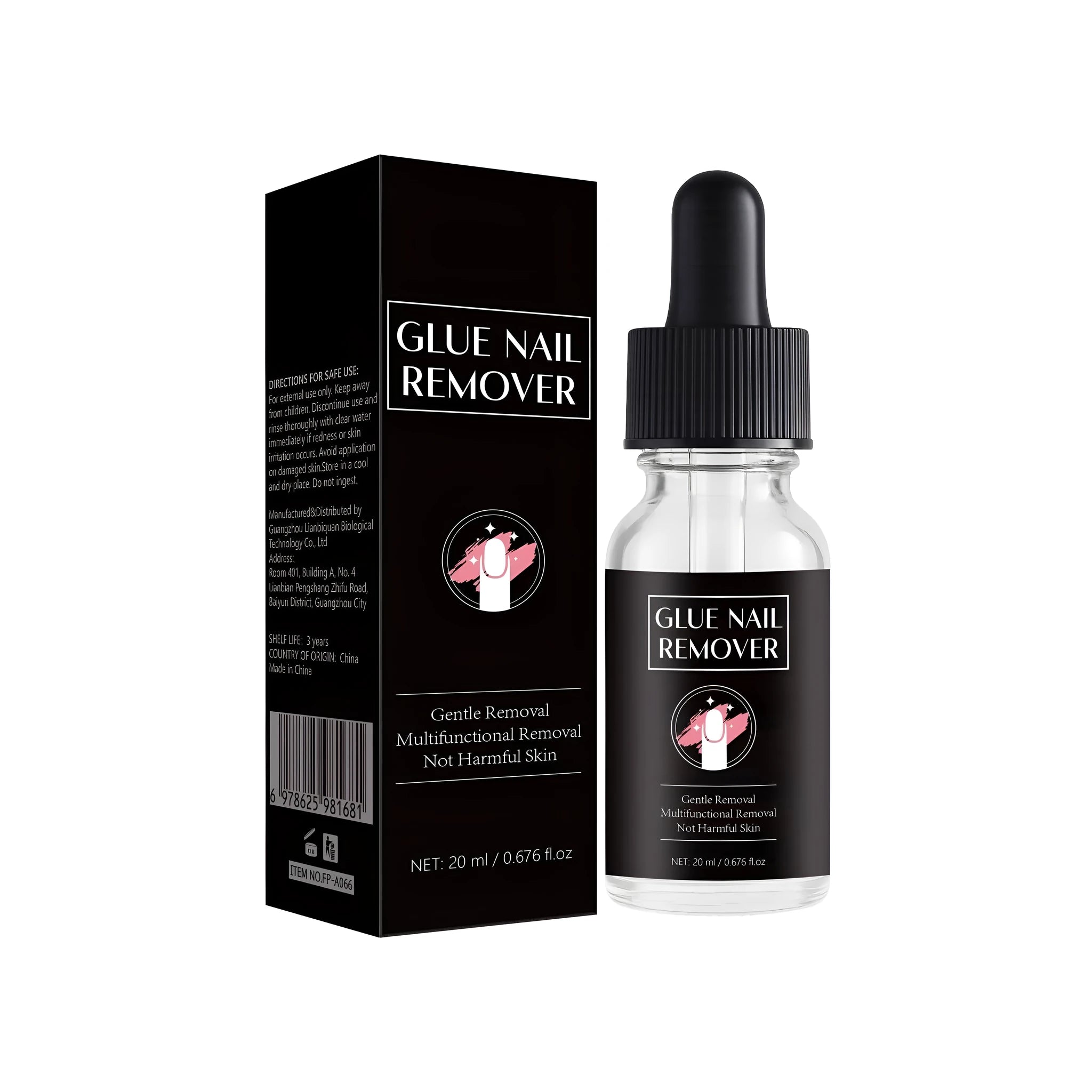 20ml bottle of nail glue remover for skin cleaning, model FP-A066