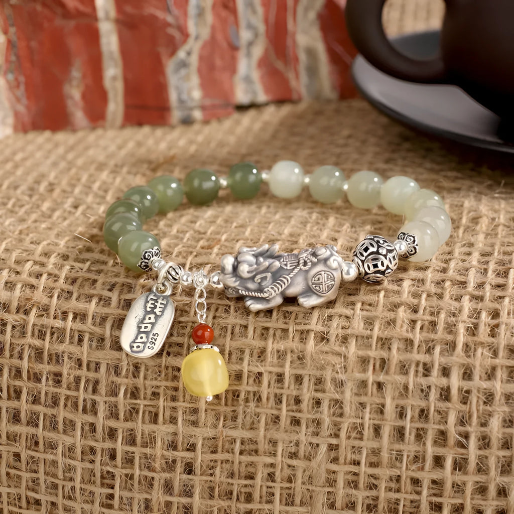 Pure silver coin bracelet with natural Hetian jade beads, 8x7mm, retro style for women