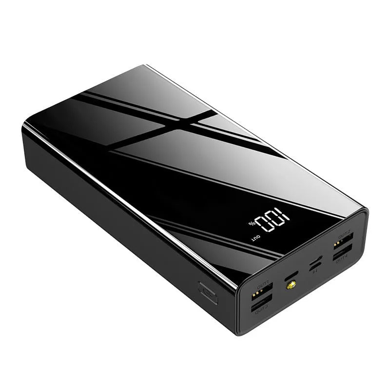 Large 40000 mAh capacity power bank with LCD screen in black or red colour.