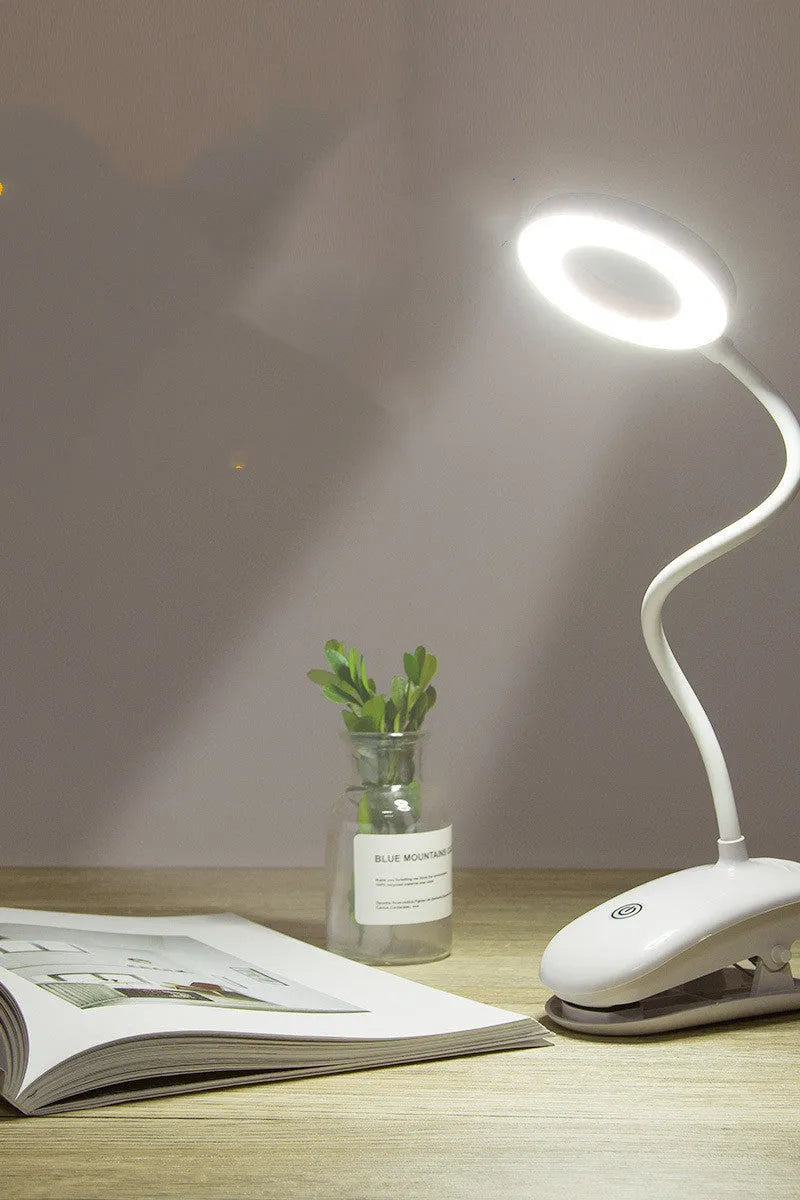 Touch control clip-on rechargeable LED desk lamp with plastic shade and built-in lithium battery